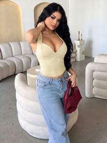 Dayanna Comas 女款時尚性感純色掛脖細肩帶背心休閒夏季 - 米色 - 查看 3
