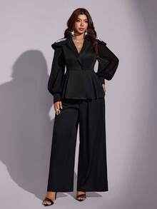 Viva Relle Plus Size New Decal See-Through Chiffon Mesh Sleeve Suit Wide Leg Pants Set For Women Commuting, Versatile Waist Cinching A Swing Fall - Black - View 6