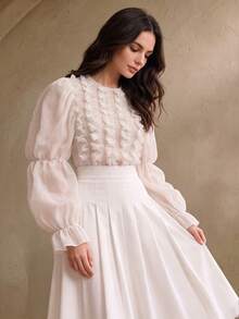 Anewsta Autumn/Winter Romantic French Chiffon Ruffle Petal Sleeve White Blouse - White - View 6