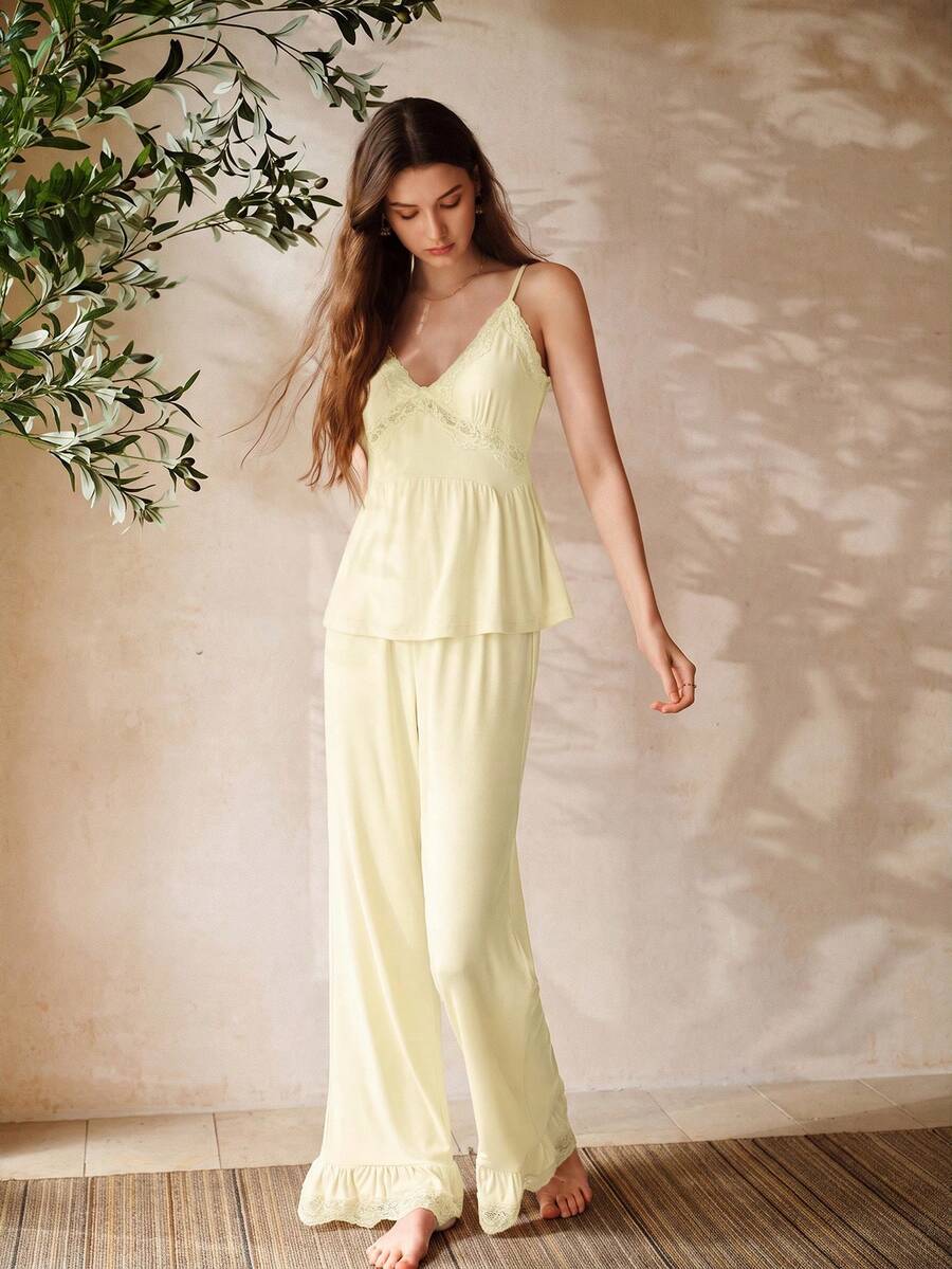 MOTF PREMIUM LACE PATCHWORK MODAL TOP & PANTS PAJAMA SET, SPRING/SUMMER - Yellow - View 1