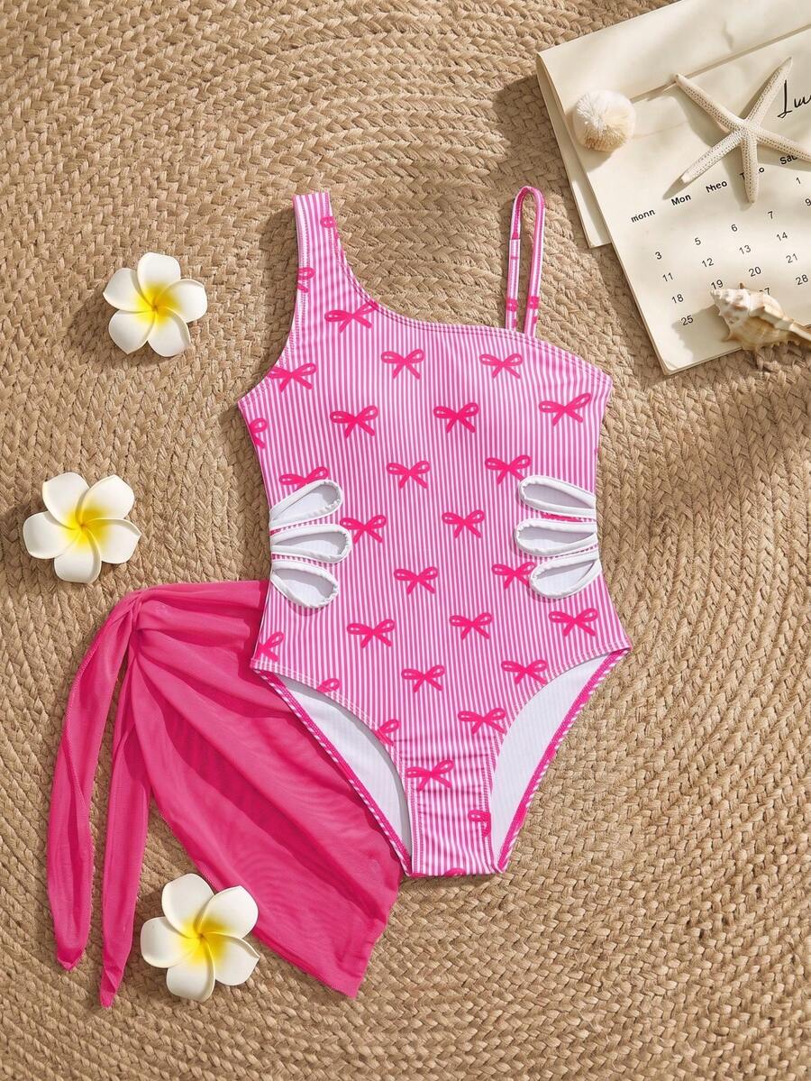 SHEIN Tween Girl Summer Vacation Beach Bow Print Cutout One-Piece Swimsuit And Cover-Up Skirt - Hot Pink - View 1