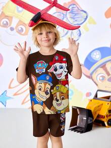 SHEIN | PAW Patrol 小男孩圓領卡通印花短袖T恤與短褲休閒日常套裝 - 棕色 - 查看 3