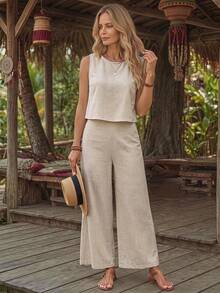Holdful Holdful Ladies' Solid Color Round Neck Vest And Wide Leg Pants Two Pieces Set - Apricot - View 1