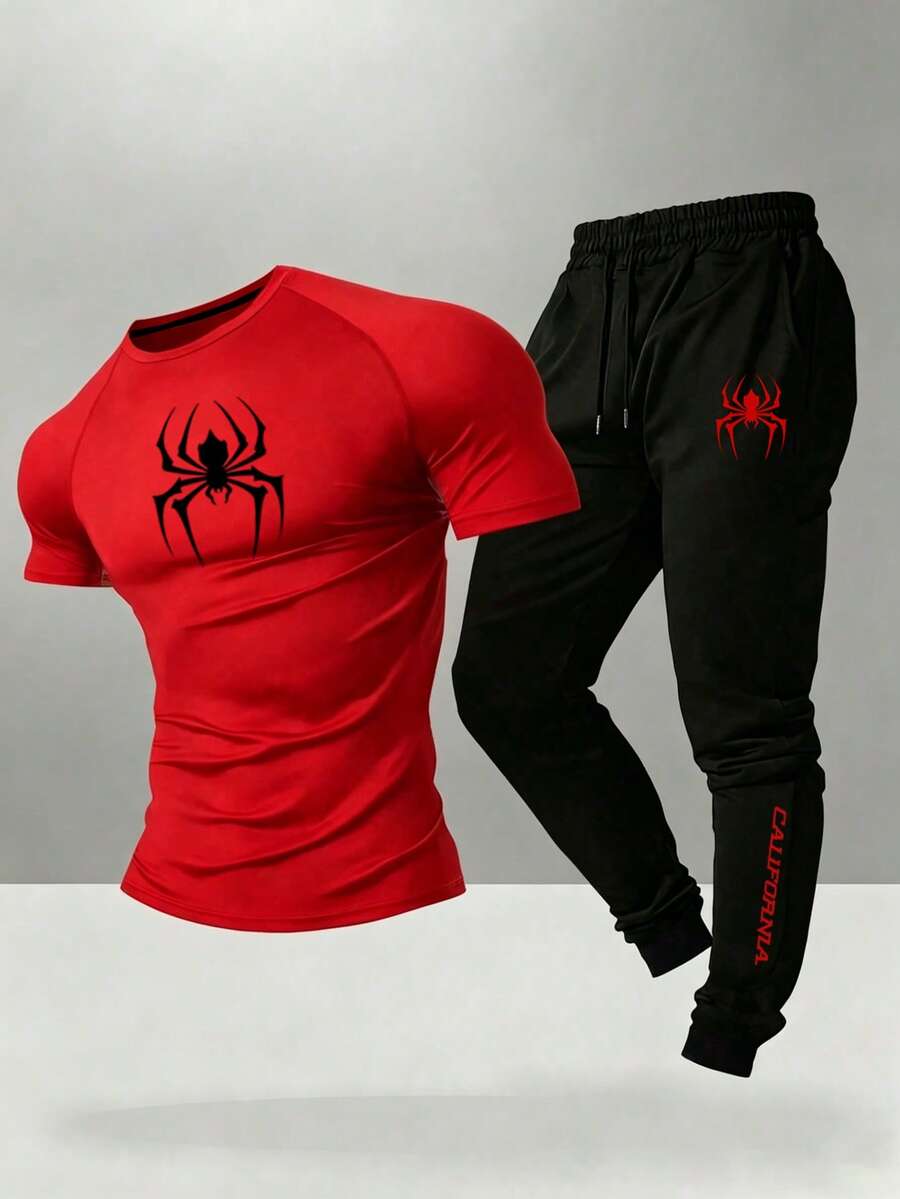 Gym Rark 男士蜘蛛圖案短袖上衣與抽繩腰長褲休閒日常運動套裝 - 紅色 - 查看 1