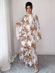 Rafferiza 女款阿拉伯風紗麗印花幾何水波紋白色與棕色寬鬆立領喇叭袖保守 A 字長裙秋季 - 黃色 - 查看 3