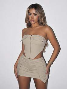 SHEIN ICON Zip Up Bandana Hem Crop Tube Top & Bodycon Skirt - Grey - View 2