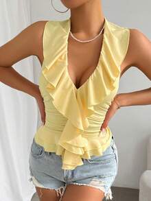 Femesol Camiseta sin manga con cuello de halter para mujer de ajuste delgado con ribete de volantes y unicolor para el verano - Amarillo - Ver 6