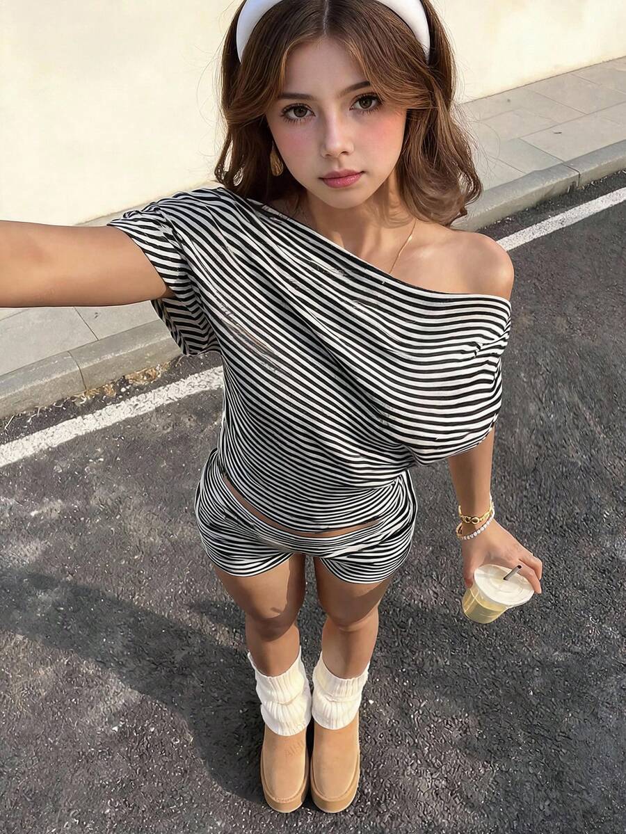 青少年女孩條紋拼接短袖T恤與短褲休閒日常套裝 - 黑色 - 查看 1
