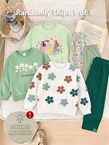 SHEIN 買3套送1套少女套裝，經典花卉、字母、可愛公主元素印花圓領長袖羅紋運動衫搭配同款印花長褲，適合秋冬戶外活動 - 彩色 - 查看 5