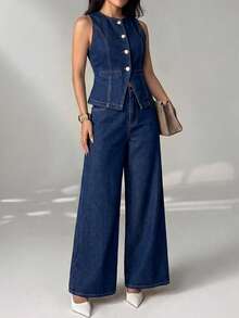 SHEIN PETITE Women's Fashion Button-Up Top And Loose Wide-Leg Jeans Set - Blue - View 7