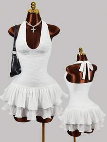 Mistrie Women's Sexy Summer Halter Neck Backless Dress With Ruffle Hem Party Club White - White - View 1