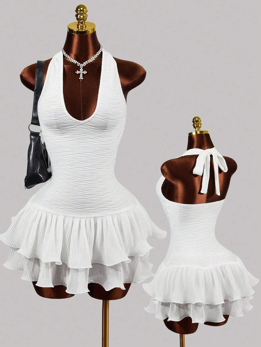 Mistrie Women's Sexy Summer Halter Neck Backless Dress With Ruffle Hem Party Club White - White - View 1