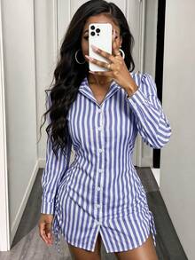 BamGleam Striped Side Cinched Waist Shirt Dress Fall Cloth For Women - Navy Blue - View 3