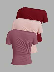 SHEIN Clasi 女款純色不對稱肩褶皺修身百搭休閒T恤 3件/套 - 彩色 - 查看 9