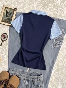 IslaSuriya Women's Fashion Casual Striped Short Sleeve 2 In 1 T-Shirt - Navy Blue - View 2