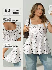 SHEIN CURVE+ Plus Size French Polka Dot Print Square Neck Ruffle Hem Blouse Vacation, Fall Winter 2026 22W - Black - View 8