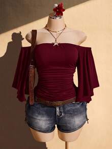 SHEIN ICON 女款大尺碼露肩純色喇叭袖時尚上衣 - 酒紅色 - 查看 4