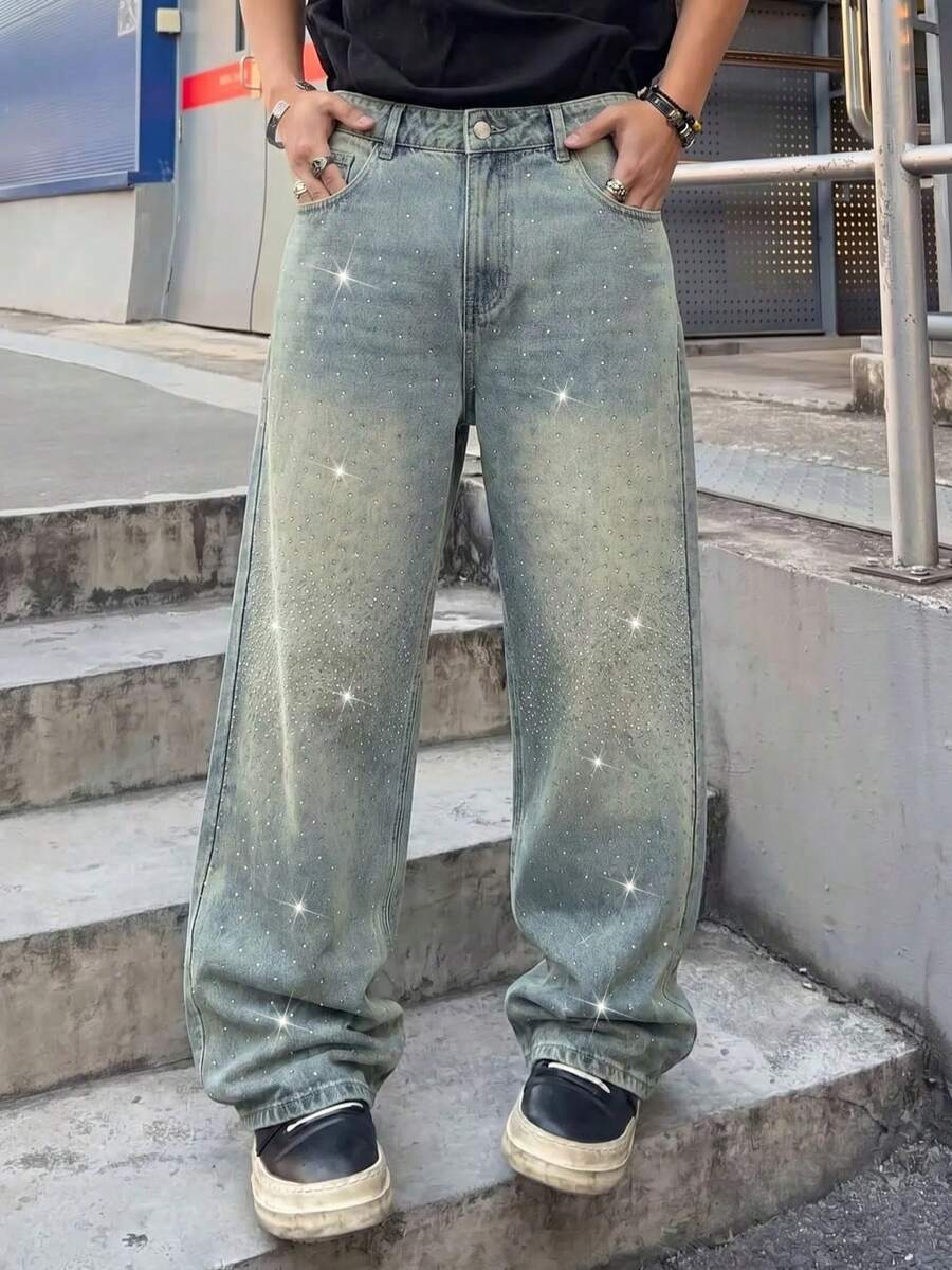 ROMWE MEN Street Life 男式复古蓝色休闲闪亮水钻宽松牛仔裤 - 淺色水洗藍 - 查看 1