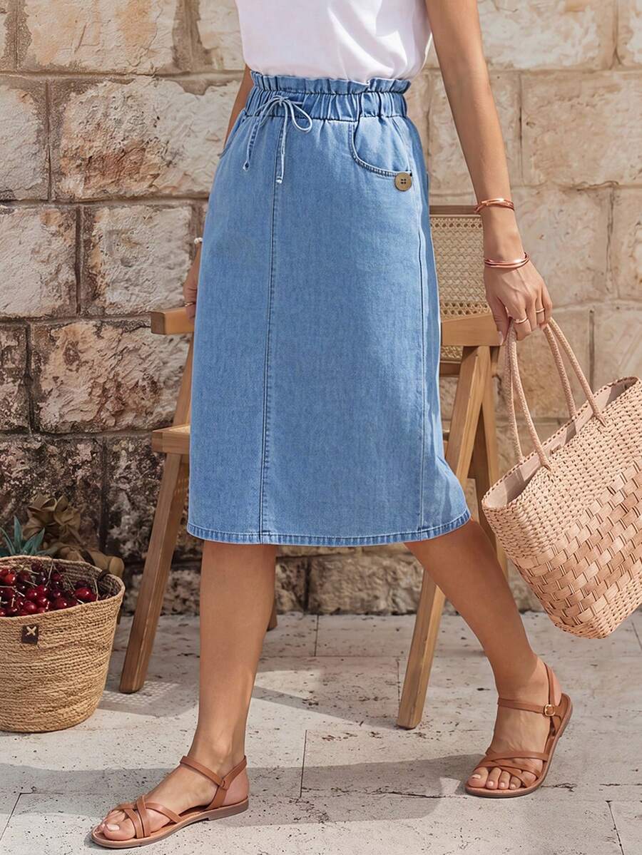 Breezaya Ladies' Casual Washed Drawstring Waist Denim Mini Skirt - Blue - View 1