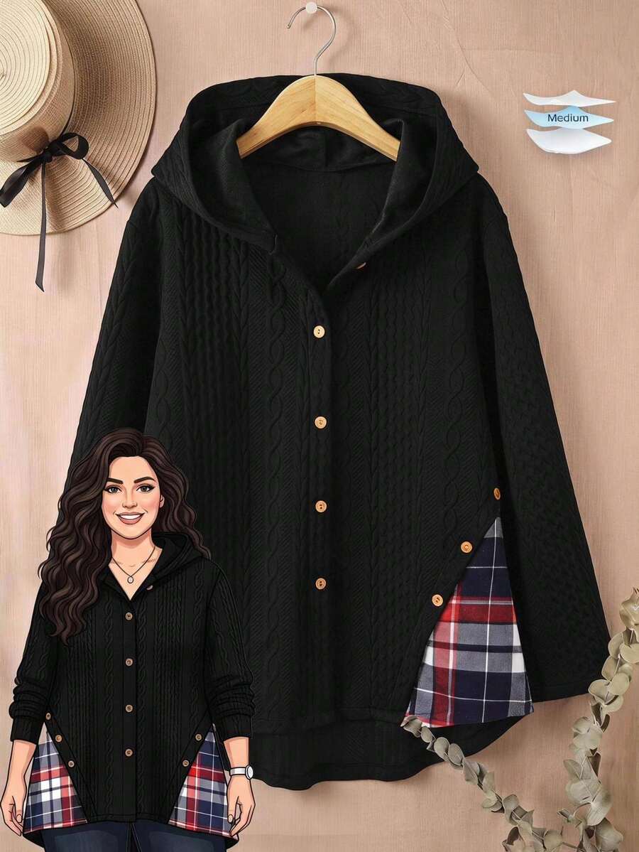 Rusticease Plus Size Women's Noir Lapel Long Sleeve Double Pocket Elegant Midi Coat Fall Winter 2026 - Black - View 1