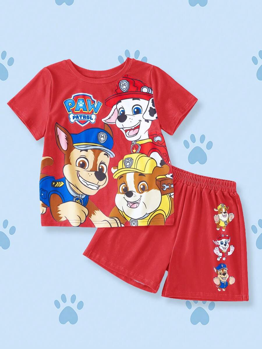 SHEIN | PAW Patrol 小男孩可愛卡通印花圓領T恤與短褲套裝 - 紅色 - 查看 1