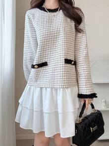 FRIFUL Women's Vintage Jacquard Button Contrast Color Ruffle Multi-Layer Hem Dress - White - View 9