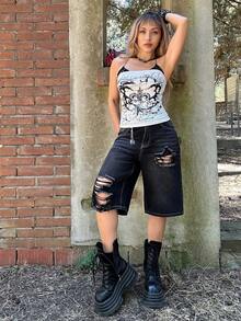 Grunge Punk ROMWE X Lorella 春夏女款休閒交叉刺繡貼布口袋牛仔短褲 - 黑色 - 查看 4