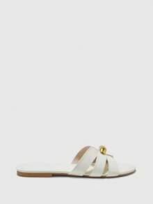 CUCCOO BIZCHIC White Metal Buckle Cross Slippers Women's Summer Wear Retro Flat Bottom Versatile Soft-Soled Sandals - White - View 2