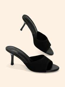 CUCCOO BASICS Women's Black Knitted Stiletto Heeled Mules Open Toe Sandals - Black Stripe - View 1