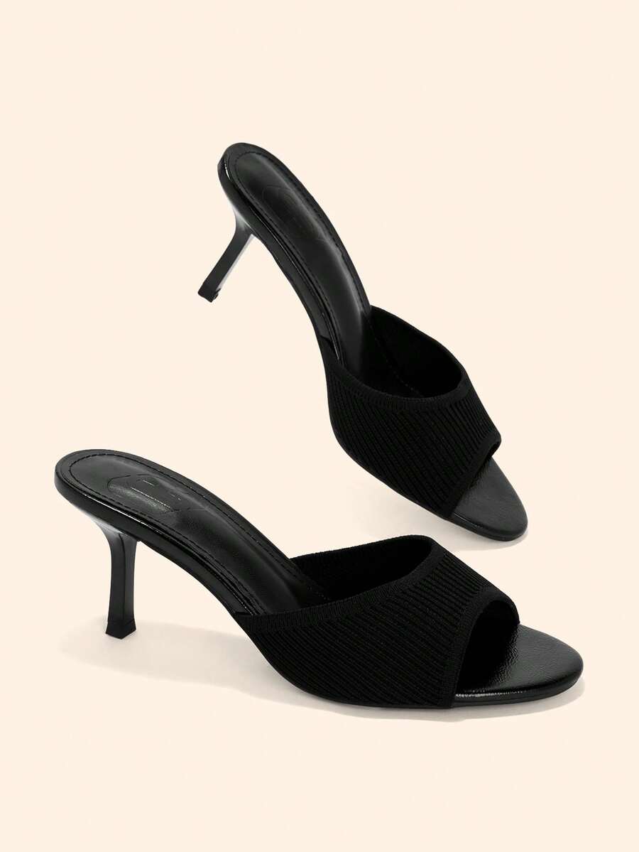 CUCCOO BASICS Women's Black Knitted Stiletto Heeled Mules Open Toe Sandals - Black Stripe - View 1