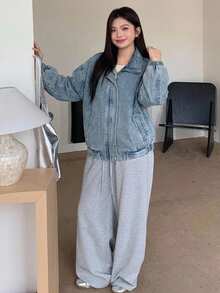 Dazy Plus 淺洗藍色連帽拉鍊式寬鬆燈籠袖收口下擺牛仔外套 大尺碼女款 - 淺色水洗藍 - 查看 5