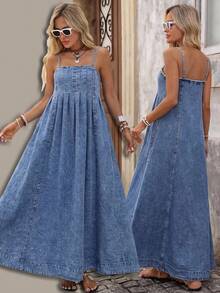 Brillora Damen Lässig Boho Urlaubs Spaghetti-Träger Denim Kleid Herbstkleidung Schulanfang Strandoutfits Land Hellblau - Mittele Waschung - Übersicht 1