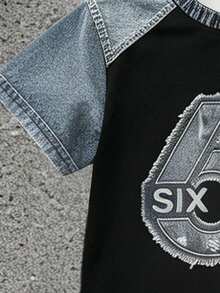 SHEIN 2件組小男孩復古風 67號極簡數位印花短袖T恤與寬腿工裝褲套裝，時尚休閒穿搭，適合四季，酷帥小男孩必備套裝 - 彩色 - 查看 3
