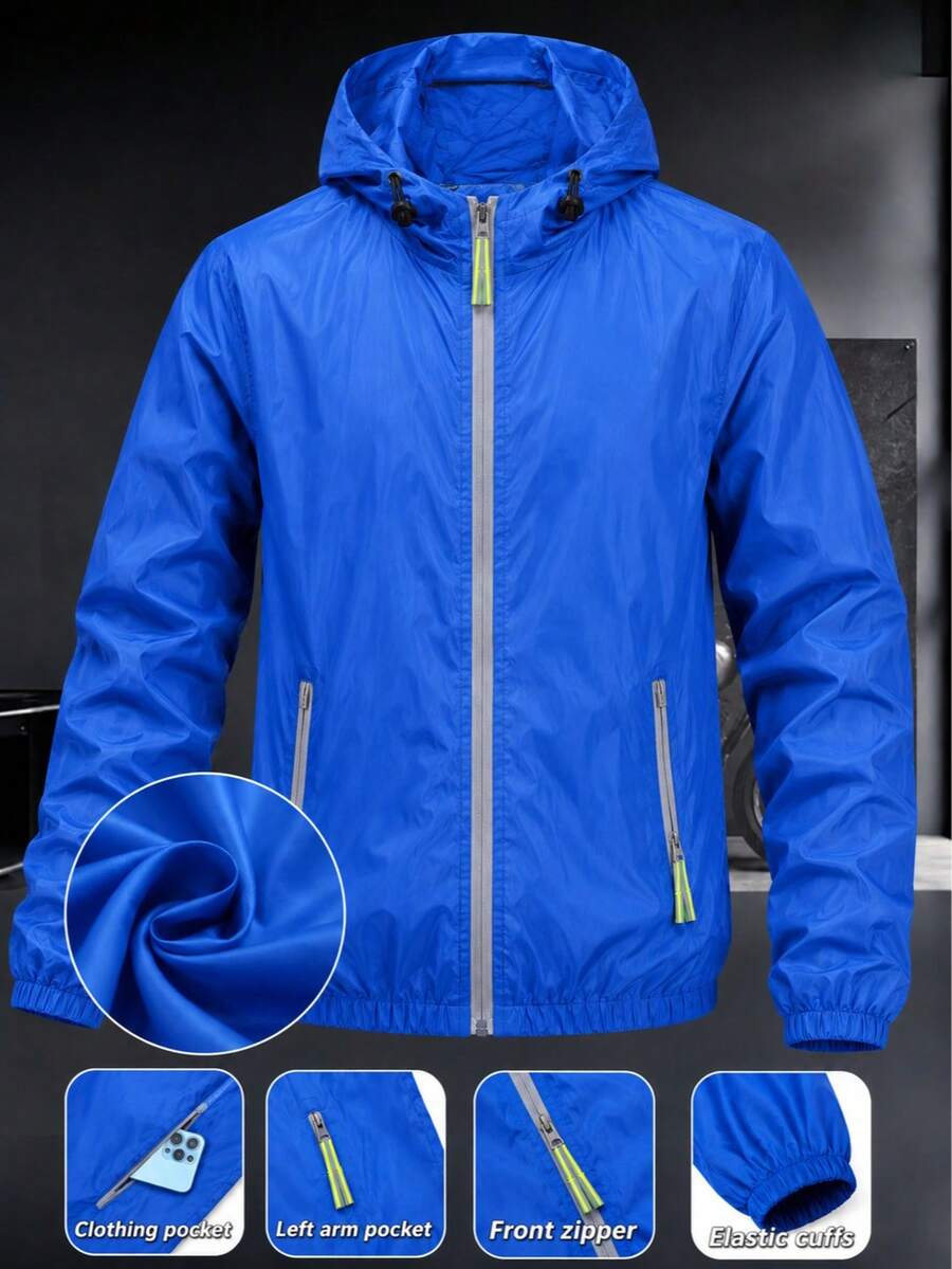 Windbreakers Light Sports Equipment Daily Use Travel Adjustable Hood Full Closure Functional Pockets Spring Summer - Blue - View 1