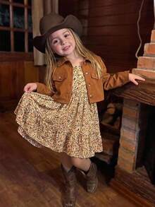 Emery Rose Kids 2pcs Young Girl Ditsy Floral Camisole Dress & Solid Color Cardigan Set - Khaki - View 3