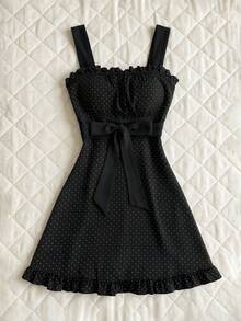 Elamini Women's Polka Dot Patchwork Tie Bow Dress, Sweet Y2K Style - Black - View 6