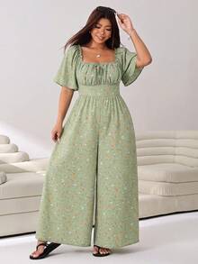 Solflare Plus Size Women's Summer Square Neck All-Over Print Pleated Casual Daily Wear Jumpsuit Wide Leg Pants - Olive Green - View 6