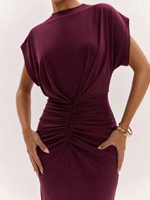 SHEIN BAE Women's Comfortable Versatile Ruched Fitted Elegant Dress - Burgundy - View 5