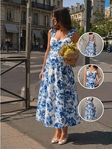 SHEIN Maternity Floral Print A-Line Dress With Wide Strap, Shirred Bust And Frill Trim Business Casual Elegant Outfit Daily Commute - Blue and White - View 11