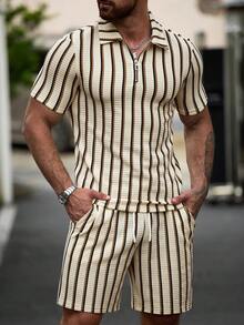Manfinity CasualCool 男士夏季休閒度假通勤紋理布料短袖 Polo 衫，抽繩收腰 S 號 - 彩色 - 查看 8