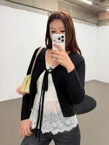 K-Vae 女款休閒百搭純色前綁帶外套，適合工作、早午餐與日間穿著，黑色，秋季 - 黑色 - 查看 4
