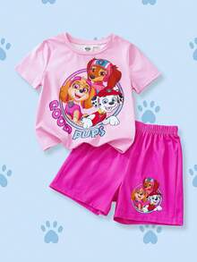 SHEIN | PAW Patrol 两件套休闲男童睡衣，圆领短袖上衣和短裤，舒适套装 - 彩色 - 查看 1