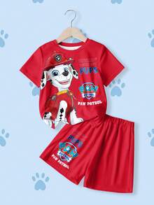 SHEIN | PAW Patrol 男童可爱卡通印花短袖T恤和短裤套装 - 白色 - 查看 1
