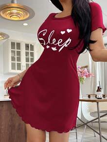 SHEIN 女款夏季短袖休閒字母印花Ins風睡裙 - 酒紅色 - 查看 6