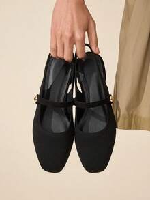 CUCCOO BASICS 女款時尚平底瑪麗珍鞋 繫帶基礎簡約通勤上班鞋 露跟 Slingback - 復古黑 - 查看 2