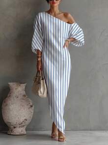 SHEIN LUNE Striped Pattern Asymmetrical Shoulder Back Slit Dress Suitable For Summer Wear - Blue and White - View 4