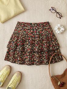 Comfortcana Plus Size Women's Casual Ditsy Floral Multi-Layer Skirt - Multicolor - View 4