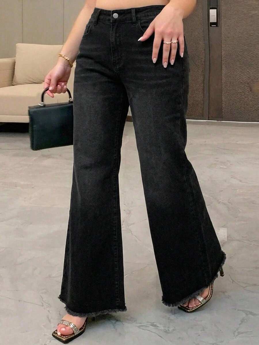 Dazy Plus Girls' Stretch Washed Distressed Wrap Flare Long Denim Jeans, All-Season - Black - View 1