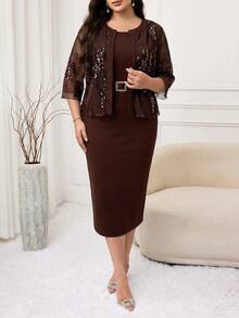 Modelyn Plus Size Elegant Party Sequin Jacket & Dress 2 Pieces Set - Rust Brown - View 4