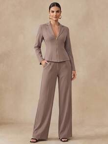 Almamuse Women's Casual Commuting Minimalist Fitted Suit Set - Khaki - View 4